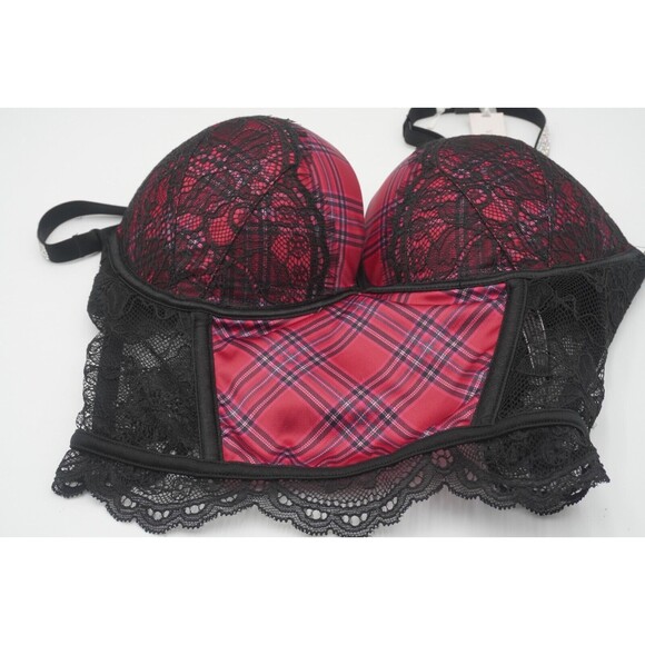 Victoria Secret Very Sexy Corset Red Plaid Black Lace Push-Up Lingerie Bra 32C - Picture 4 of 7